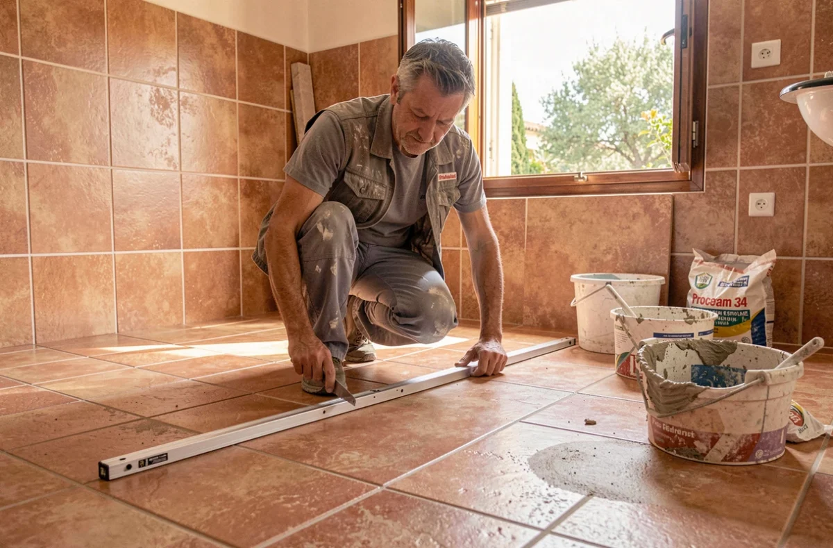 Spécialiste de Proceram 34 vérifiant le niveau de carreaux style terracotta dans une villa près de Montpellier