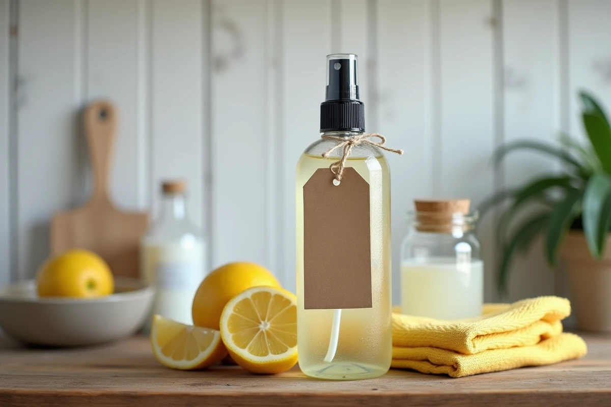 Produits naturels pour nettoyer un miroir : vinaigre blanc, citron et spray fait maison sur étagère en bois