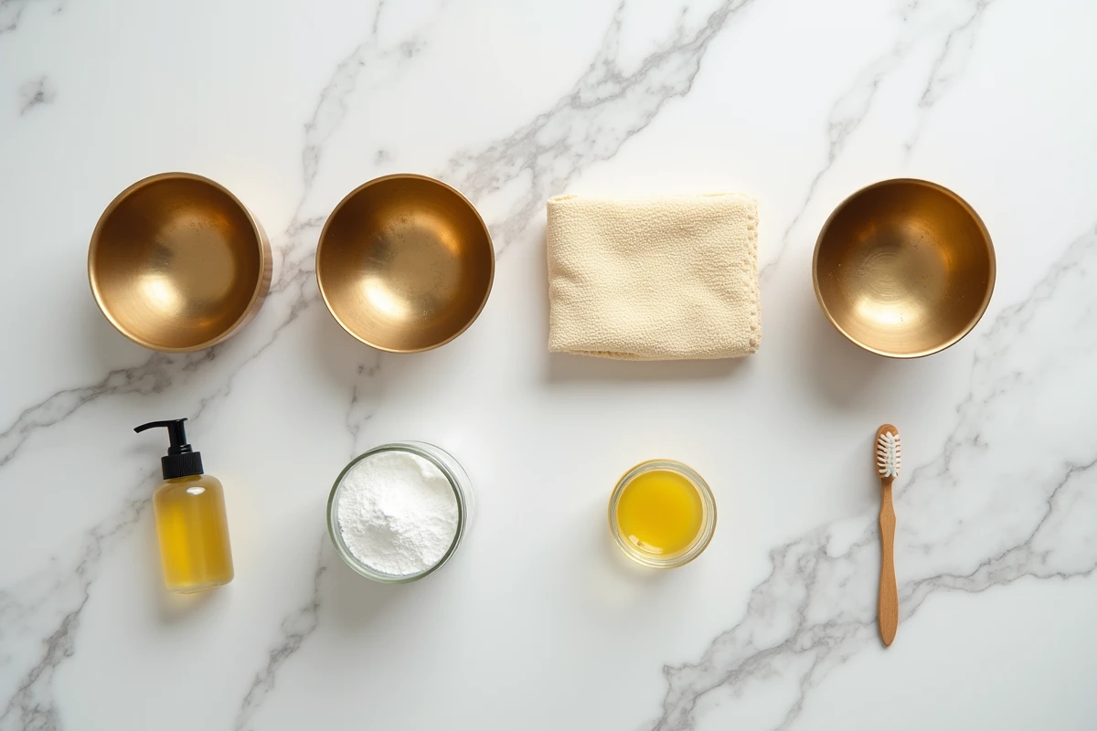 Vue de dessus des produits naturels et outils pour nettoyer et polir le laiton sur marbre blanc