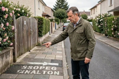 Propriétaire indiquant le marquage au sol devant son entrée de garage pour empêcher le stationnement illégal