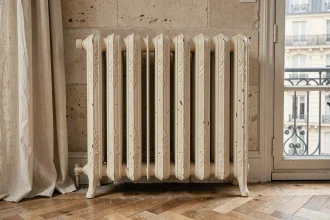 Radiateur en fonte décoratif d'époque avec motifs floraux en relief, peint en blanc crème mat, dans un appartement haussmannien rénové au sol en parquet de chêne