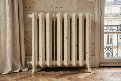 Radiateur en fonte décoratif d'époque avec motifs floraux en relief, peint en blanc crème mat, dans un appartement haussmannien rénové au sol en parquet de chêne