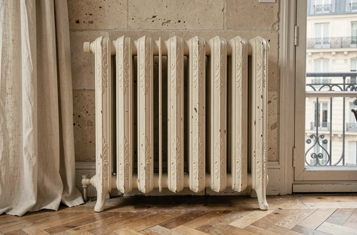Radiateur en fonte décoratif d'époque avec motifs floraux en relief, peint en blanc crème mat, dans un appartement haussmannien rénové au sol en parquet de chêne