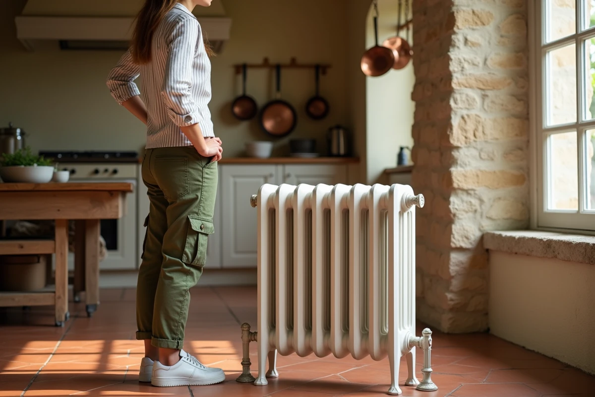 Femme inspectant un radiateur en fonte avec pieds stabilisateurs dans une cuisine rustique française