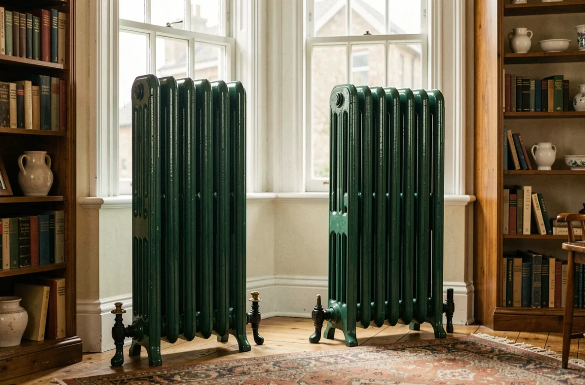 Paire de radiateurs anciens en fonte verte à colonnes dans un salon victorien avec bibliothèques, tapis en laine et parquet ancien