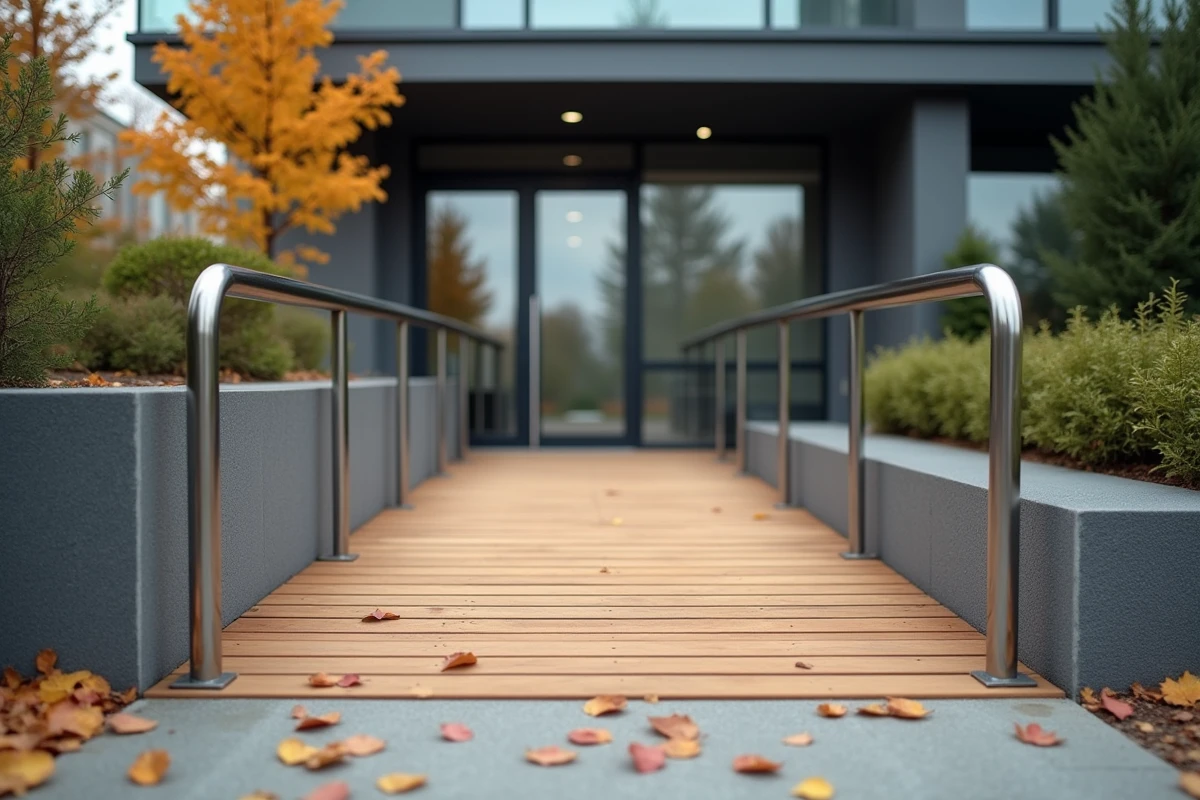 Rampe d'accès en bois pour fauteuil roulant devant l'entrée d'un bâtiment résidentiel moderne avec angle de pente visible