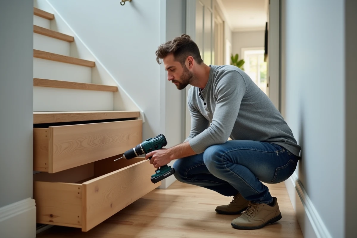 Homme installant un système de rangement sous escalier sur mesure dans un couloir étroit de maison de ville