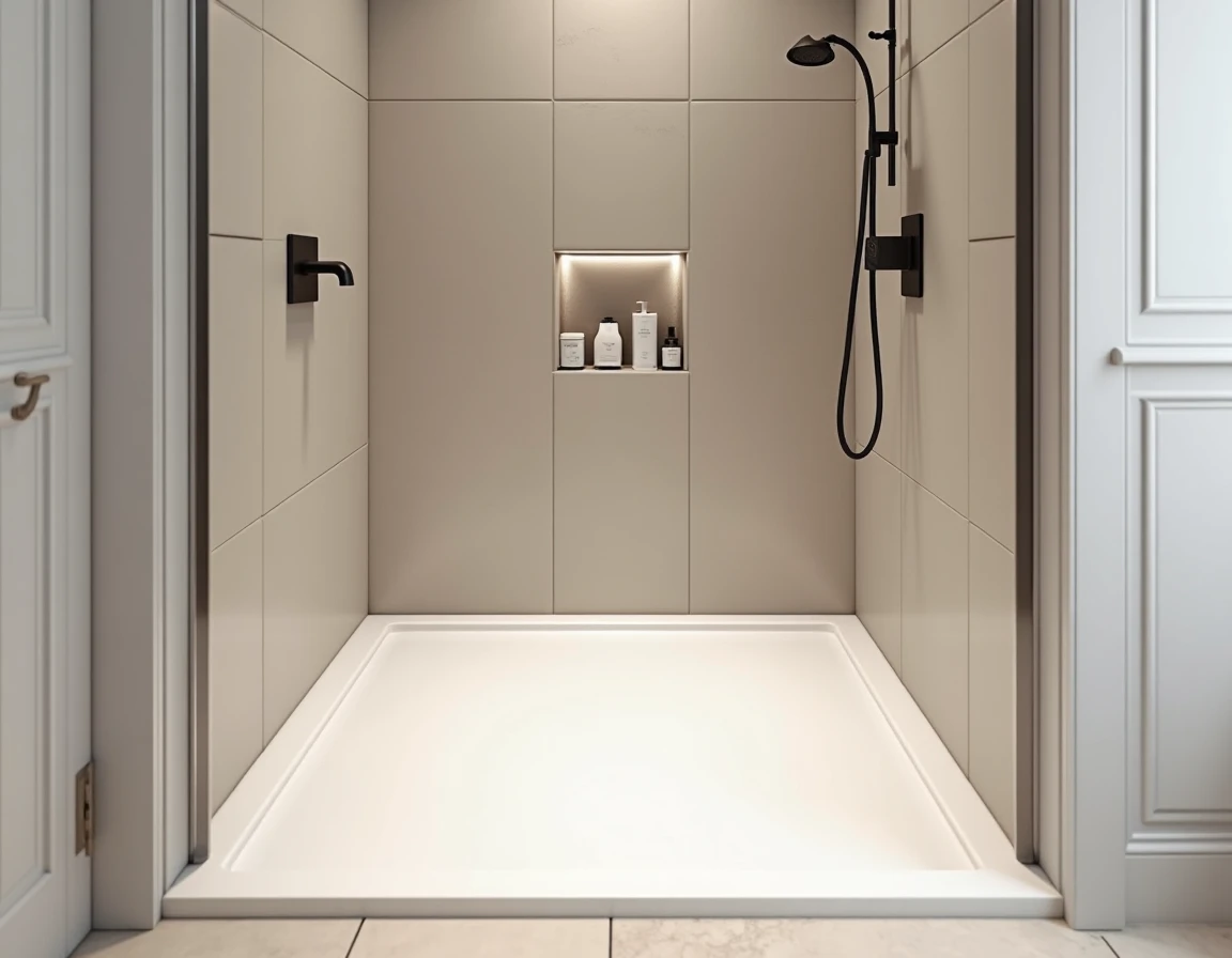 Receveur de douche extra plat parfaitement intégré dans une salle de bain minimaliste avec carrelage de grande taille