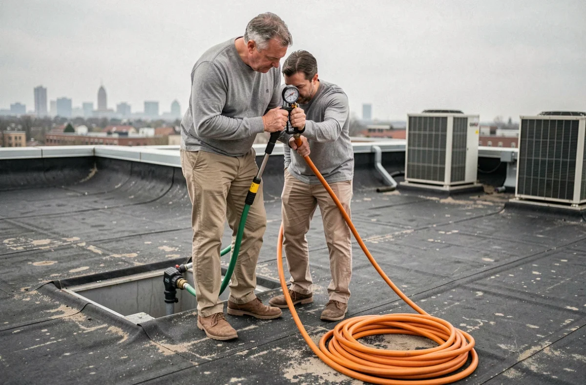 Propriétaire réglant la pression d'un Karcher sur un toit terrasse en membrane bitumineuse pour éviter tout risque de fuite