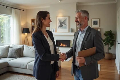 Femme et entrepreneur se serrant la main dans un int&eacute;rieur moderne