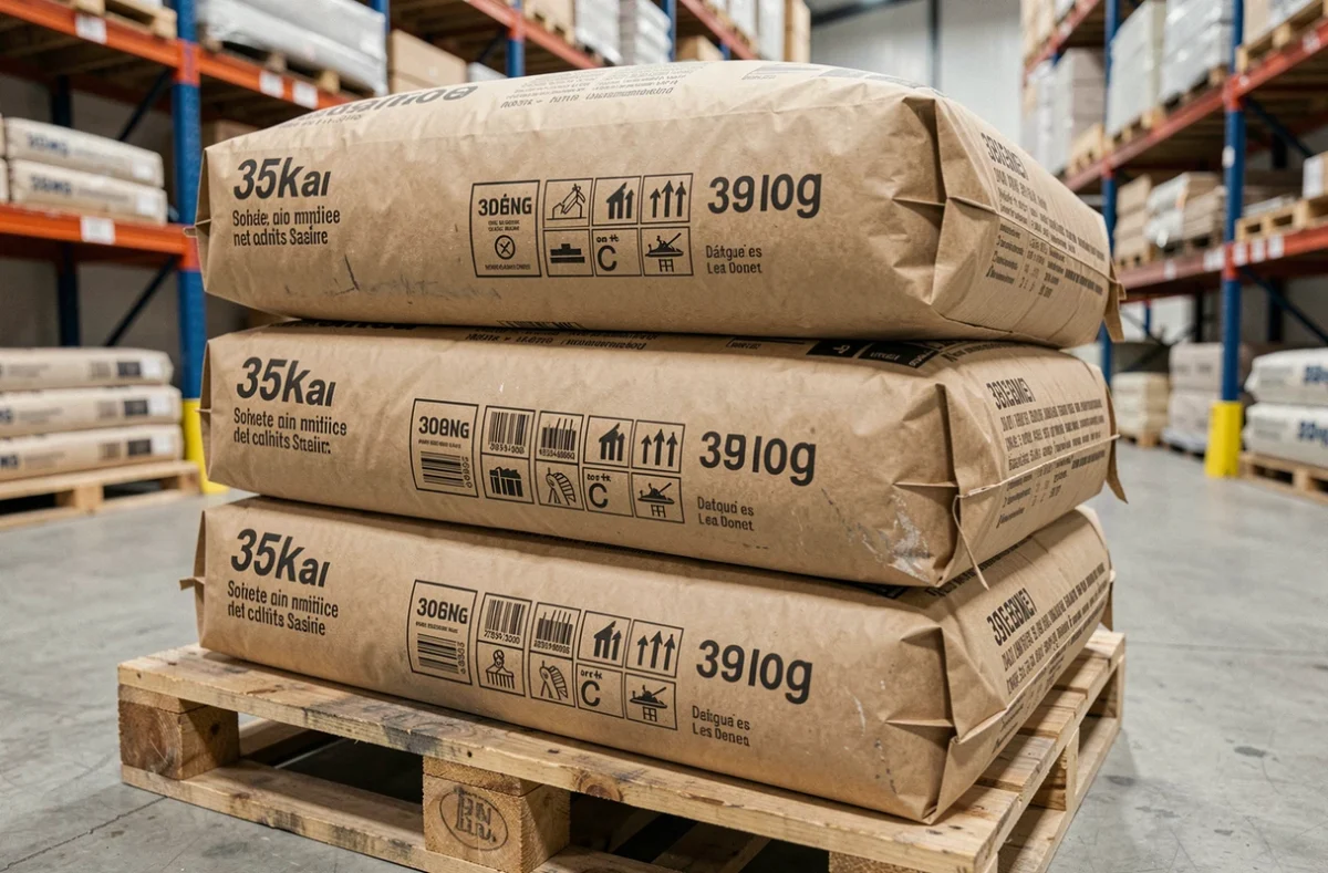 Sacs de béton 35kg empilés sur palette dans un entrepôt de matériaux de construction