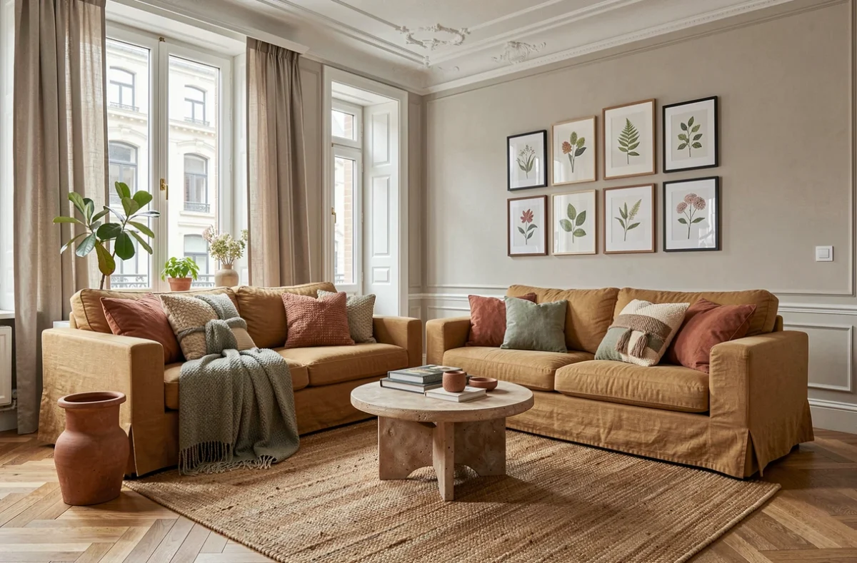 Salon contemporain entièrement décoré par l'agence LeSavoirFaireDéco à Lille avec canapé en lin, tapis artisanal et parquet en point de Hongrie