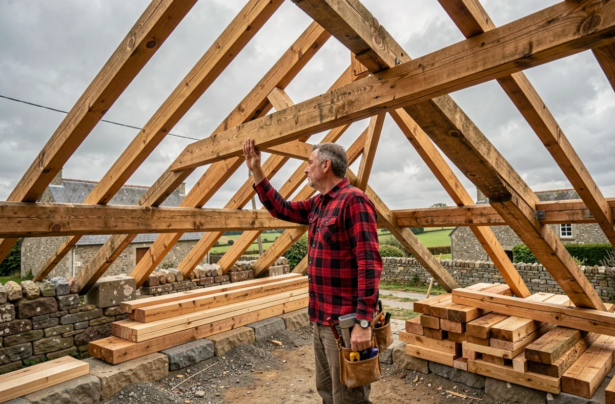 Charpentier de Sarl Le Bras Charpente inspectant une charpente bois traditionnelle sur un chantier breton