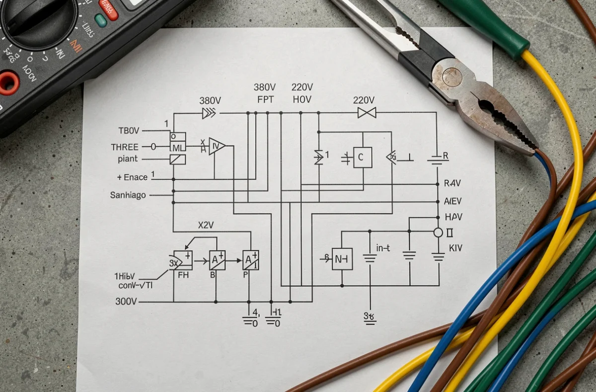 Schéma électrique imprimé de conversion 380V en 220V posé à plat avec multimètre et câbles colorés sur surface en béton