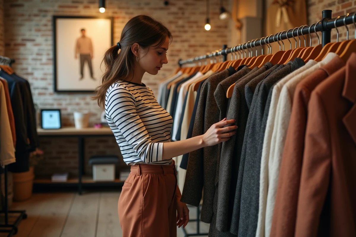 Jeune femme parcourant un portant de vêtements dans une friperie, blazer en tweed et ambiance boutique seconde main chaleureuse
