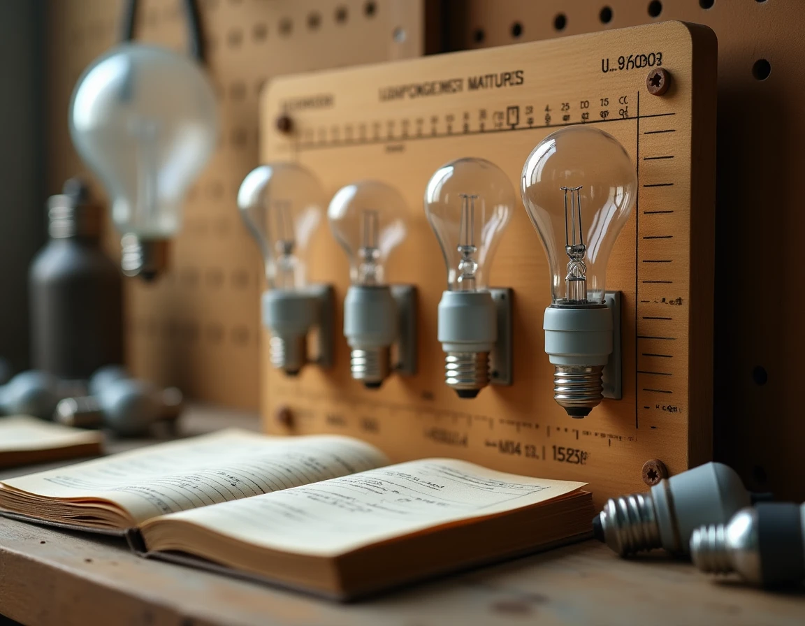 Tableau de référence artisanal mesurant les dimensions et tailles d'ampoules variées sur un établi d'électricien