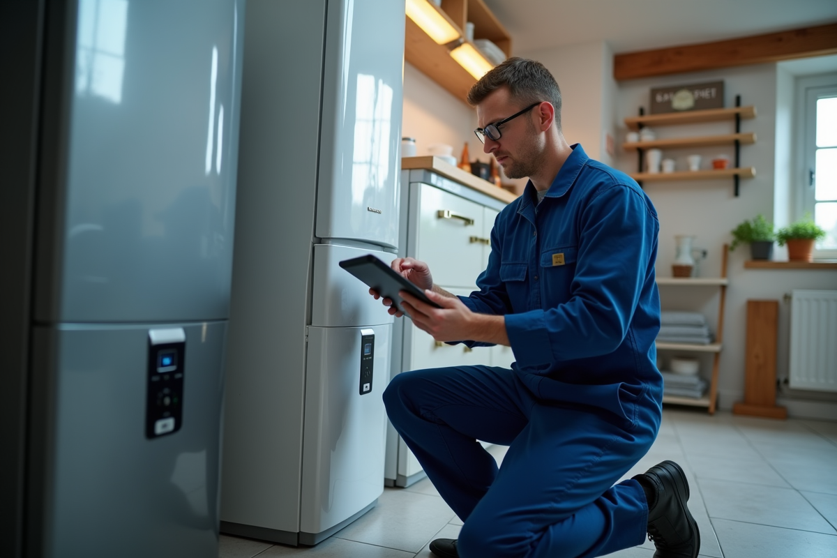 Technicien en uniforme examinant une chaudière moderne