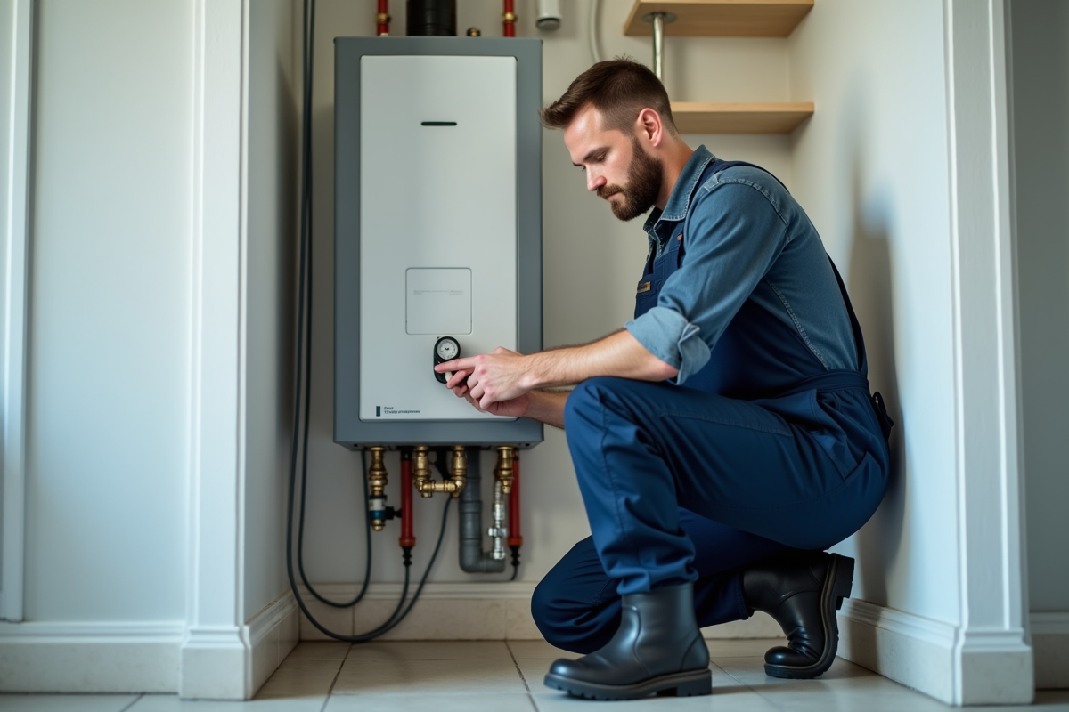 Technicien en overalls vérifiant une chaudière à eau thermodynamique