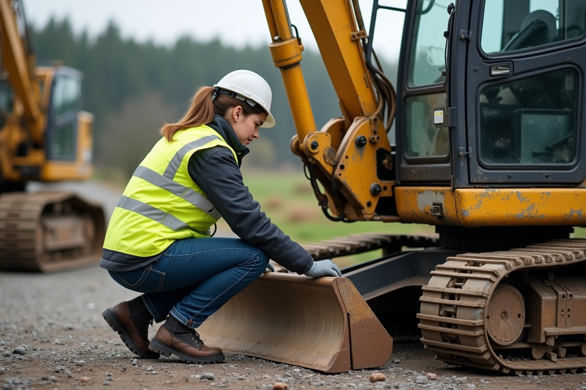 Jeune technicien vérifiant les chenilles d