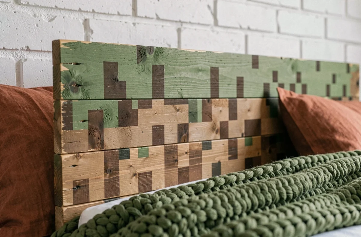 Gros plan sur une tête de lit DIY peinte en motif pixel Minecraft avec plaid et coussins