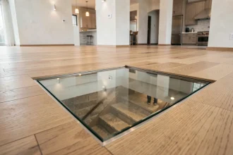 Trappe en verre encastrée dans un parquet chêne donnant accès à une cave à vin, vue plongeante en intérieur contemporain