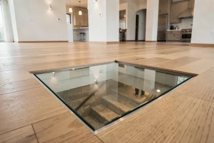 Trappe en verre encastrée dans un parquet chêne donnant accès à une cave à vin, vue plongeante en intérieur contemporain