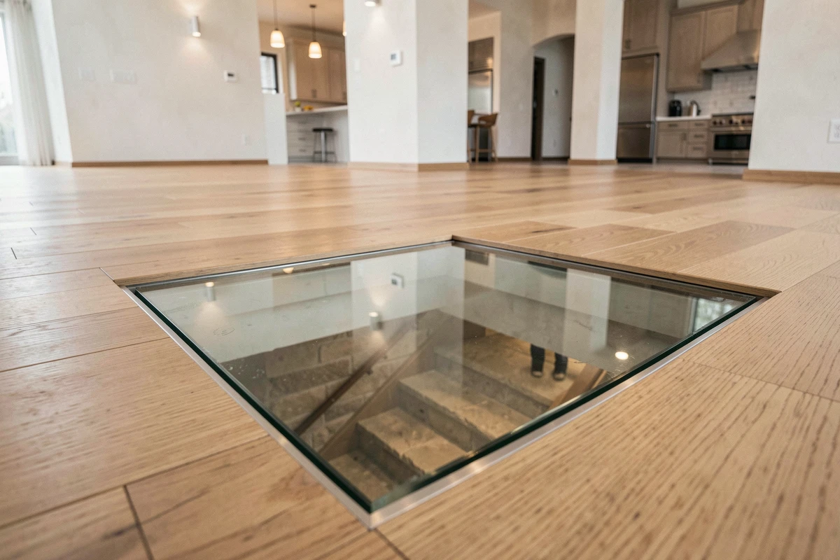 Trappe en verre encastrée dans un parquet chêne donnant accès à une cave à vin, vue plongeante en intérieur contemporain