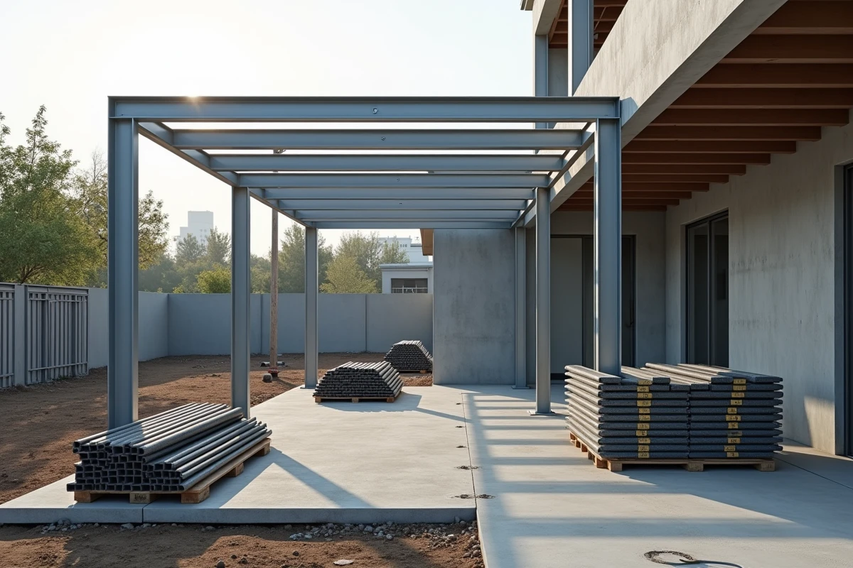 Ossature de pergola en tube rectangulaire aluminium sur chantier avec palette de tubes acier en arrière-plan