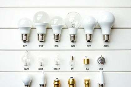 Tableau comparatif des différents culots d'ampoules E27 E14 GU10 B22 G9 disposés à plat avec étiquettes