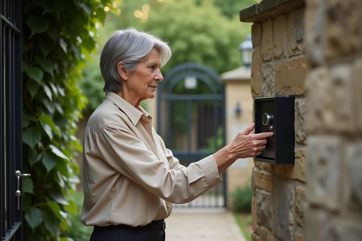 Femme utilisant un coffre à clé à combinaison fixé sur un pilier en pierre à l'entrée de son jardin
