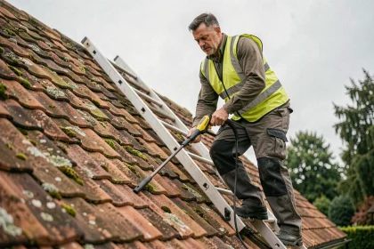 Professionnel utilisant un Karcher sur une toiture en tuiles avec une lance à faible angle pour éviter les fuites