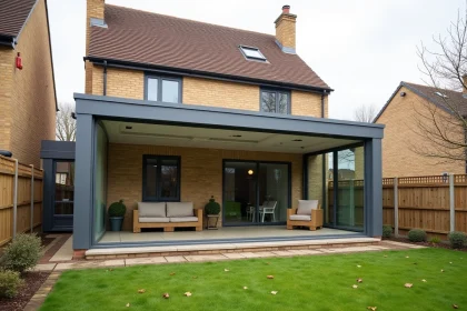 Véranda de 40m2 avec toiture plate en aluminium et verre accolée à une maison en brique, vue depuis le jardin