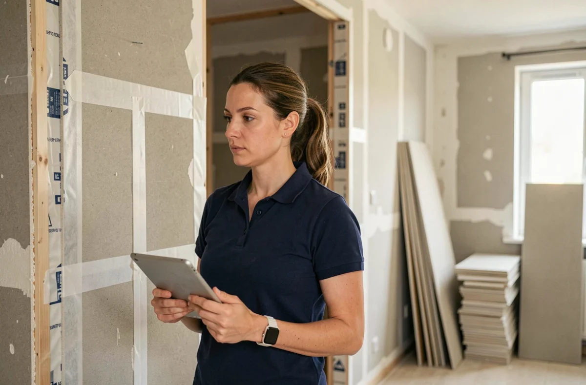 Conseillère technique inspectant la pose d'un placo isolant thermique avec pare-vapeur dans une pièce en rénovation
