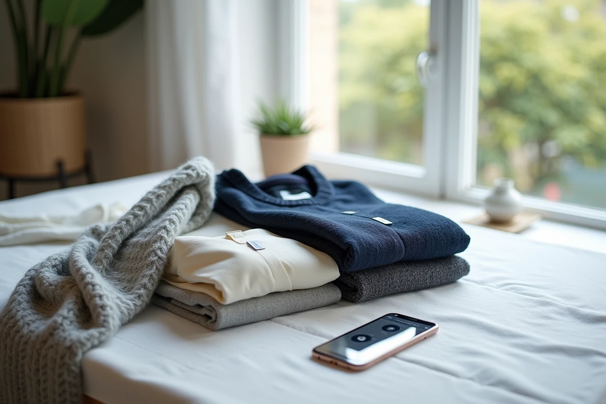 Vue de dessus de vêtements délicats avec étiquettes de lavage visibles et guide des symboles d'entretien sur smartphone