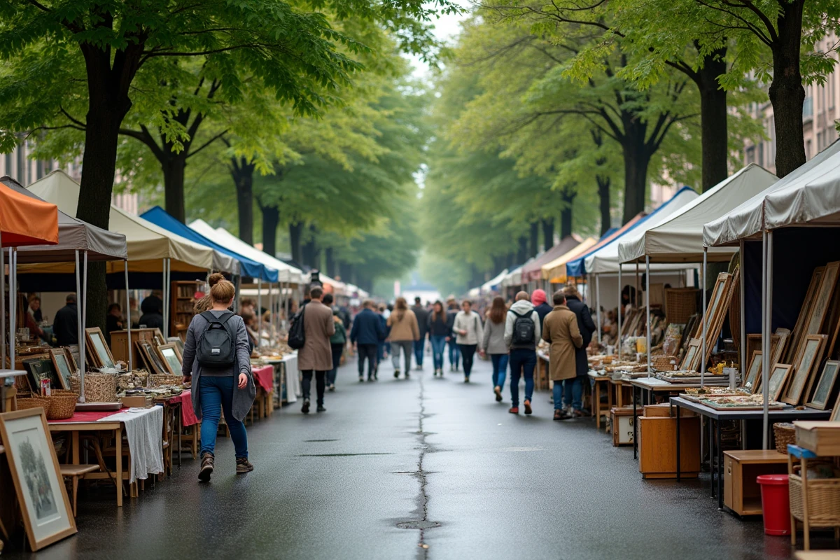 Vue large d'un vide-grenier animé dans un quartier résidentiel d'Annecy un dimanche matin