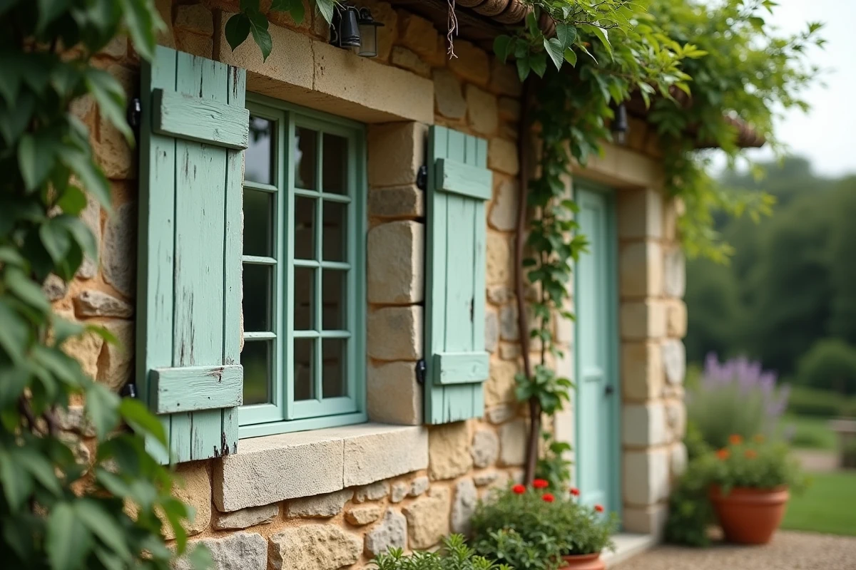 Volets en bois peints en vert sauge montés sur la façade en pierre d'une maison de campagne française